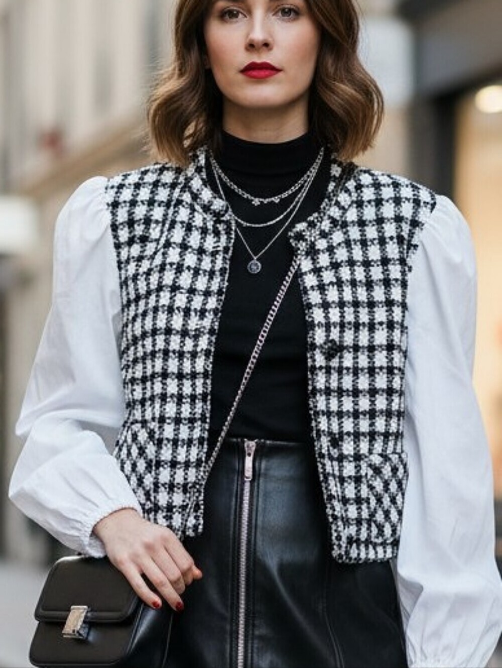 NWT! Calvin Klein Black and White Check Tweed Jacket with Puff Sleeves